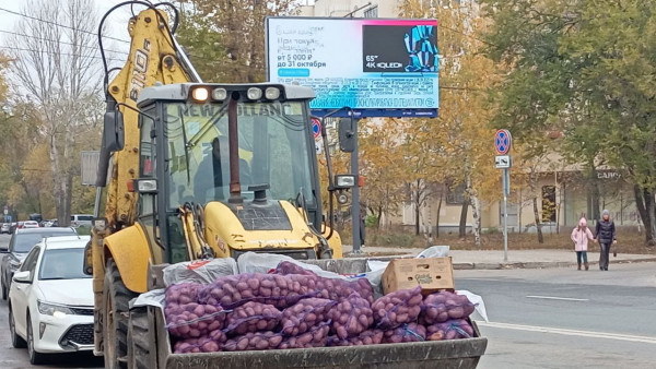 В Самаре запасы картошки на зиму перевозят в ковше трактора