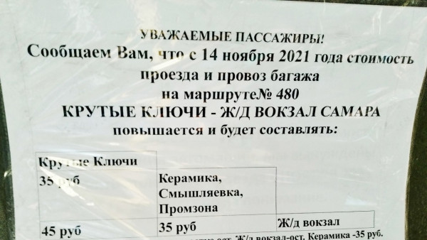 В Самаре с 14 ноября поднимут стоимость проезда в маршрутке №480