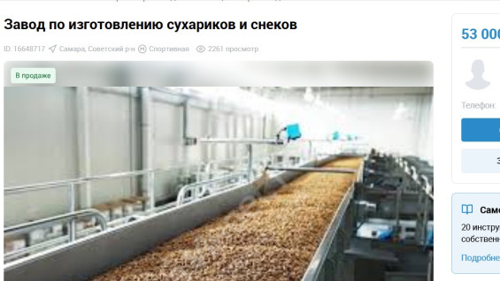 В Самаре выставлен на продажу завод по изготовлению сухариков за 53 млн рублей