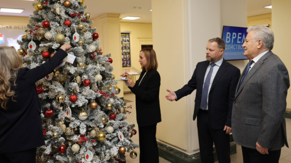 В Самарской Губернской Думе установили новогоднюю ель, которую украсят открытки с желаниями детей из ДНР 