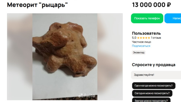 Самарцам предлагают купить метеорит в форме рыцаря за 13 млн рублей